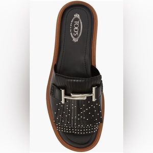 ❤️Tod’s NWT Fringed Studded Leather Platform Slides in Black.  Size 38.